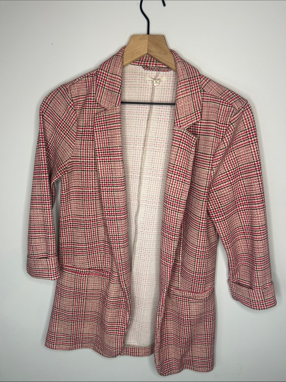 Maurices Pink Plaid Open Blazer
